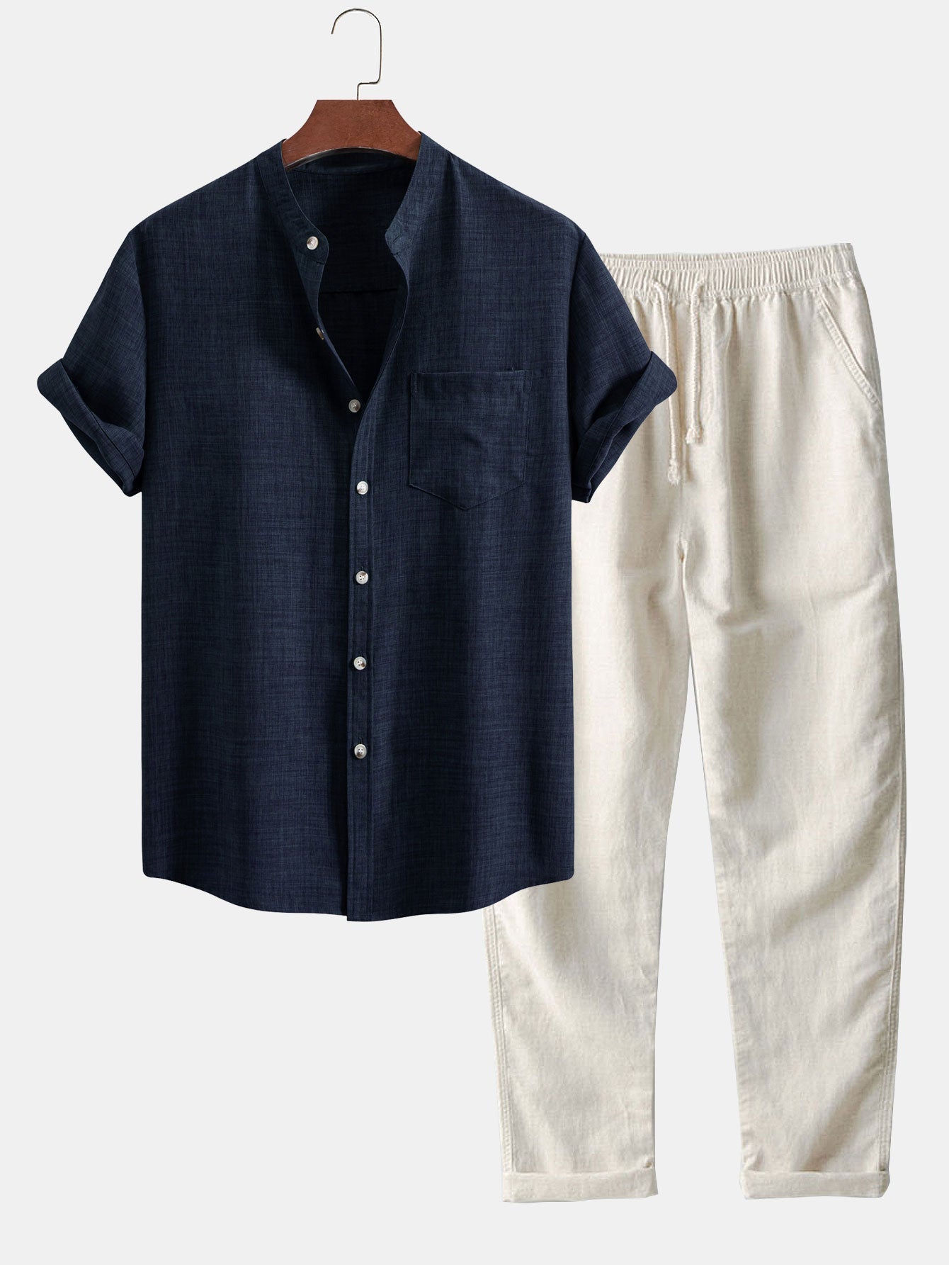 Chemise à manches courtes à col officier & pantalon droit en lin
