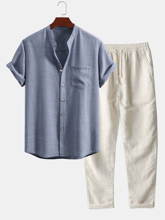 Chemise à manches courtes à col officier & pantalon droit en lin