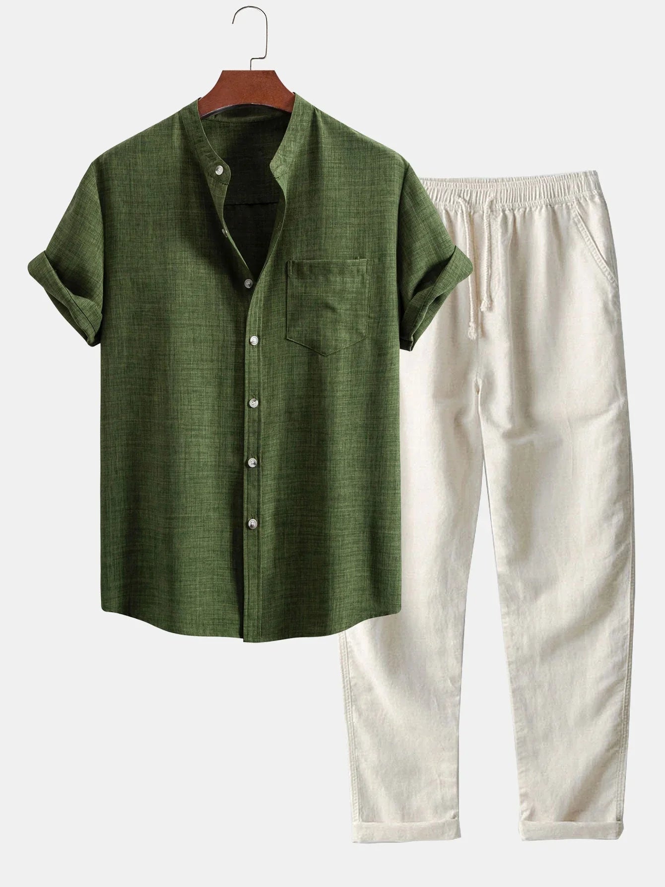 Chemise à manches courtes à col officier & pantalon droit en lin