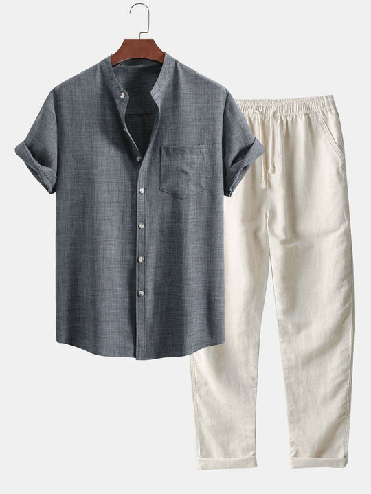 Chemise à manches courtes à col officier & pantalon droit en lin