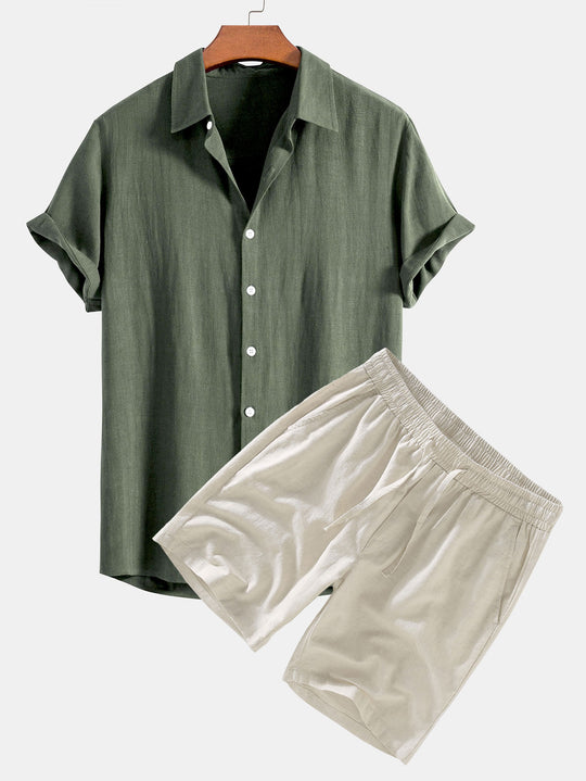 Chemise boutonnée en mélange lin-rayonne & short en lin à cordon de serrage