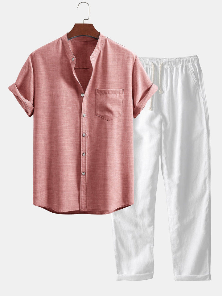 Chemise à manches courtes à col officier & pantalon droit en lin