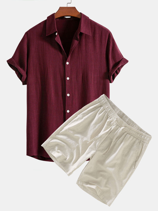 Chemise boutonnée en mélange lin-rayonne & short en lin à cordon de serrage
