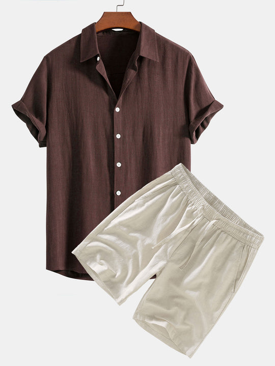 Chemise boutonnée en mélange lin-rayonne & short en lin à cordon de serrage