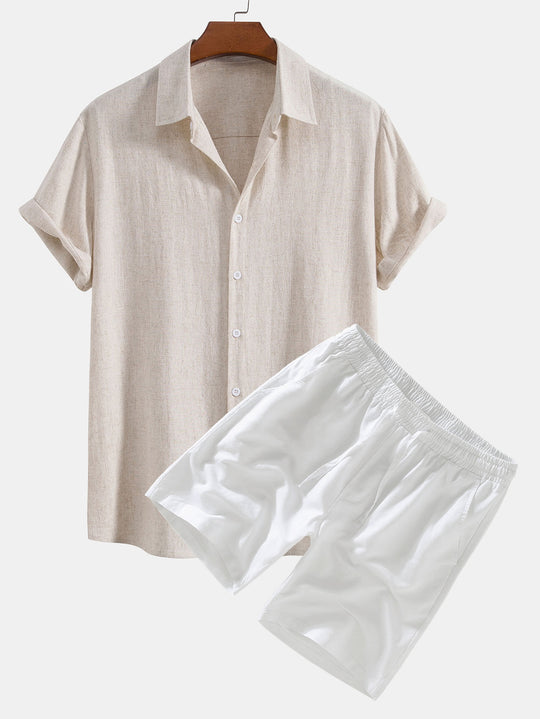 Chemise boutonnée en mélange lin-rayonne & short en lin à cordon de serrage
