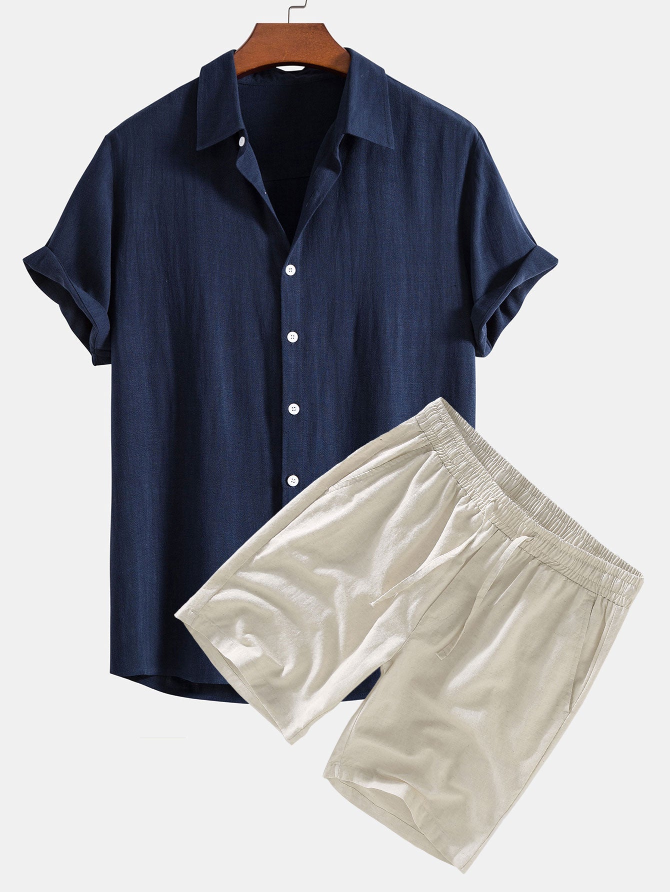 Chemise boutonnée en mélange lin-rayonne & short en lin à cordon de serrage