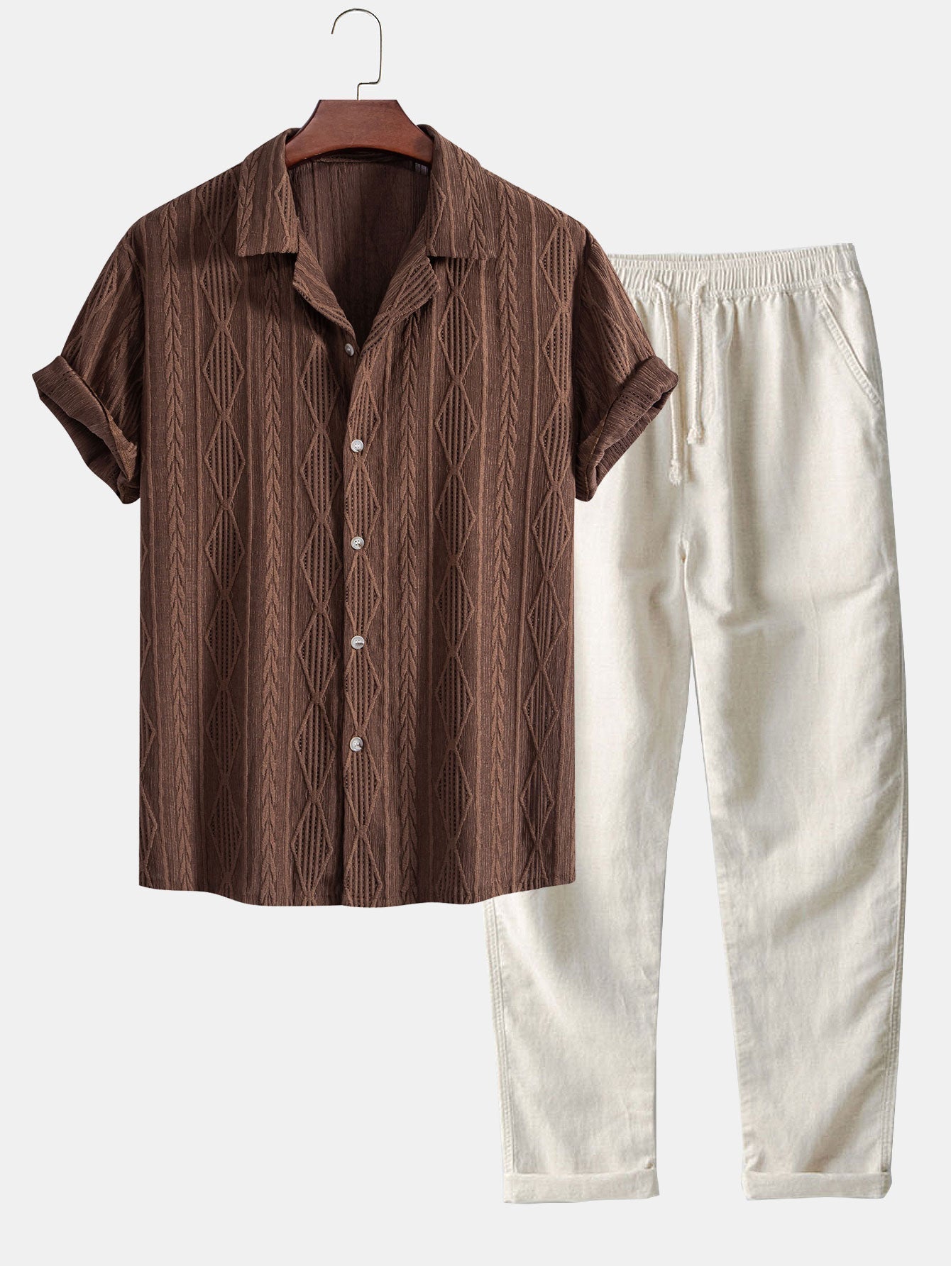 Chemise cubaine jacquard géométrique & pantalon droit en lin
