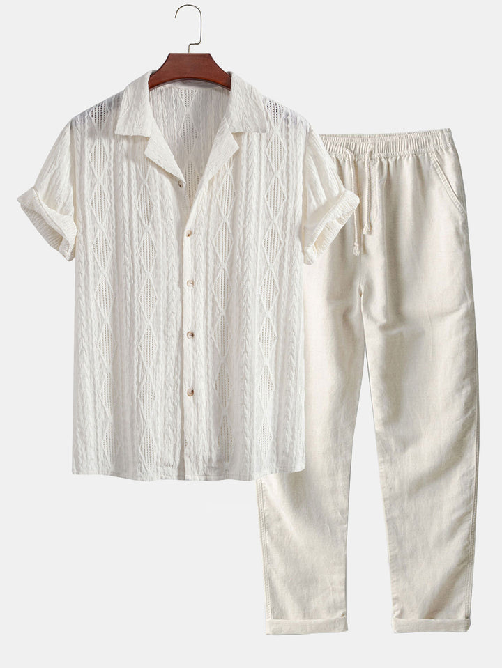 Chemise cubaine jacquard géométrique & pantalon droit en lin