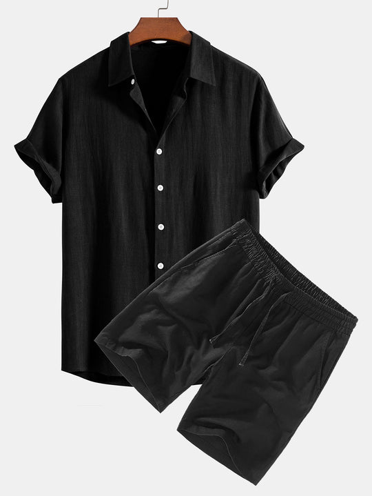 Chemise boutonnée en mélange lin-rayonne & short en lin à cordon de serrage