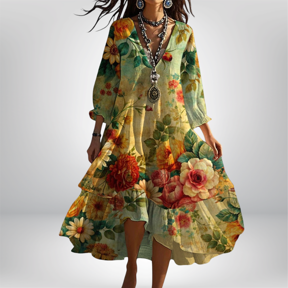 Marina - Robe bohème vintage à col en V